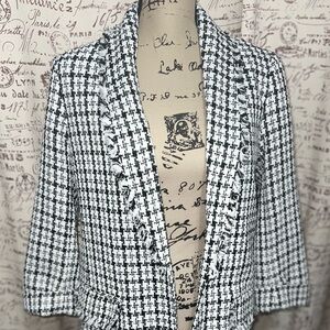 NWT ANNE KLEIN Black and White Tweed Fringed Open Blazer Jacket sz Medium